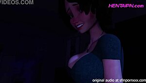 Milf 3d hentai with short hair, green shirt, big chest, shorts, and red thong giving in bedroom