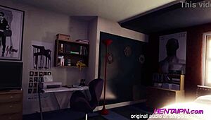 Milf 3d hentai with short hair, green shirt, big chest, shorts, and red thong giving in bedroom