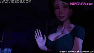 Milf 3d hentai with short hair, green shirt, big chest, shorts, and red thong giving in bedroom