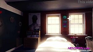 Milf 3d hentai with short hair, green shirt, big chest, shorts, and red thong giving in bedroom