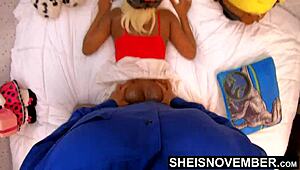 MsNovember's red thong pulled from ebony pussy after bike ride.