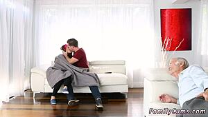 Butler sneaks under table for teen fuck