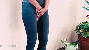 Hey Tina, locked out on the balcony? Desperate to piss, huh? What’s gonna happen next with that Asian cutie in leggings outdoors?