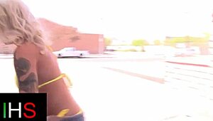 Horny milf with big tits gets bent over. Her shaved pussy takes a massive cock deep.