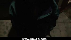 Ebony ball sucking outdoors.