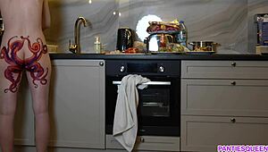 Damn! Naked Housewife with Octopus Tattoo Ignores You While Cooking!