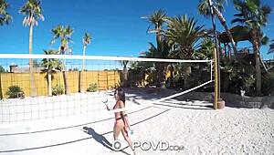 Povd backyard badminton turns into massage and anal fuck with busty Anissa Kate