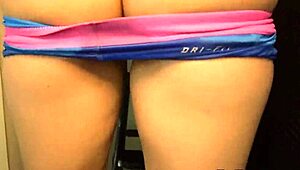 this fitness babe with big tits oils up before sliding a dildo into her tight asshole. every move shows off her athletic curves and ripped clothes.