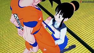 Chichi在卡通里和Goku疯狂做爱，Gohan看着