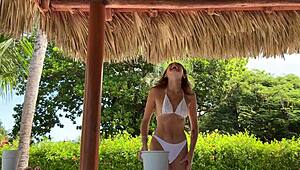 College Babe Strips in Mini Bikini Beer Pong Game