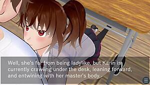 karin under the desk in school blazer, giving oral love