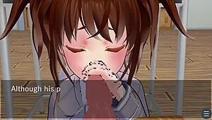 karin under the desk in school blazer, giving oral love