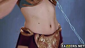 Princess Lay, chained in cosplay, rides Boba’s big cock on top. Her natural tits bounce with every thrust.