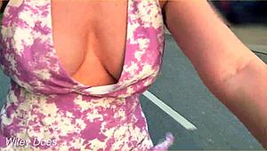 Wife RIDES Bike in PUBLIC, Flashing Cleavage on Daring Outdoor Stunt