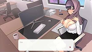 minha chefe me provocando com peitos enormes no jogo hentai