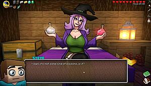 Teen witch in cute outfit tests potion for giant cock growth in Hornycraft hentai parody.
