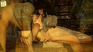 Sexy anime girl in outfit plays game with huge monster cock for big tits action