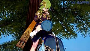 i watch shenhe and collei and xingqiu havin intense sex in genshin impact hentai with big tits and creampie