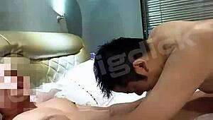 Handsome Asian gay couple goes bareback at home