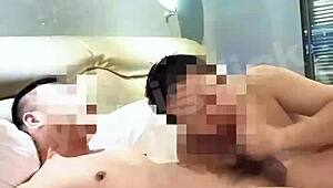 Handsome Asian gay couple goes bareback at home