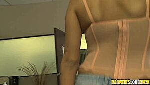 Blonde Jenny Hendrix passionately swallows his cum