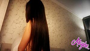 Sweet brunette babe in white dress fingers herself hard.