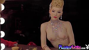 skinny big boobed blonde milf miranda strips in slutty burlesque costume