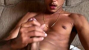 Giant cock tricks young guy into masturbation and cums hard