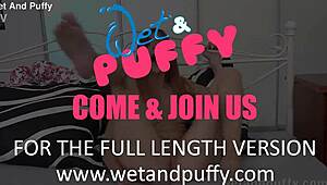 Wetandpuffy - Redhead plays with vibrator up close on blue toy.