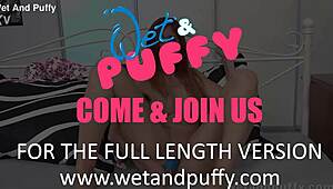 Wetandpuffy - Redhead plays with vibrator up close on blue toy.