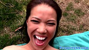 Asian Realtor Drools Over Client's Cock in Outdoor Shaved Pussy Game.