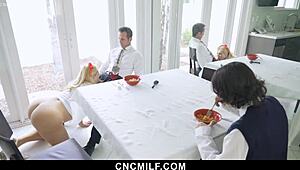 thick stepmom lets her petite stepson get wild with her while tackling the chores, no limits.