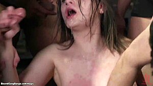 bound babe takes double penetration from monster cocks with cum