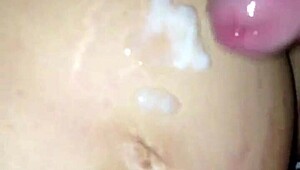 Cum load covers big pregnant belly after pussy fingering and cock masturbation