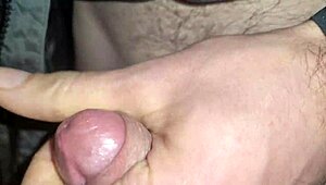 European amateur cock dripping sticky slidy precum in close-up view.