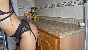 The maid gets aroused while cleaning the kitchen and starts masturbating intensely.