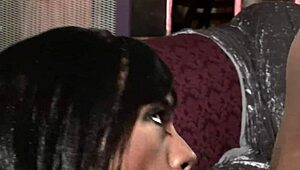 Beautiful black milf Sydnee Capri in fishnet suit gets fucked and gives a blowjob.