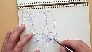 In my sketchbook, I quickly drew a doggy-style pose highlighting foot details with a Parker ballpoint pen.
