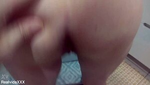 Mature woman licks balls and rides doggystyle in bathroom pov