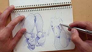 In my sketchbook, I quickly drew a doggy-style pose highlighting foot details with a Parker ballpoint pen.