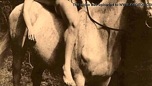 In a vintage retro setting, dark lantern entertainment presents a hairy pussy riding scene with natural tits and beaver on display.