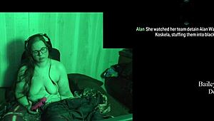 Naked playthrough at the lake house, featuring a brunette with glasses.