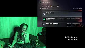 Naked playthrough at the lake house, featuring a brunette with glasses.