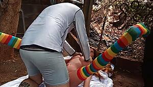 A latina friend uses a sex toy on her pussy outdoors in public.