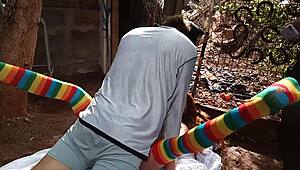 A latina friend uses a sex toy on her pussy outdoors in public.