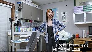 Freshman Ditria Rose gets forced Hitachi vibrator orgasm in latex gloves POV