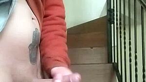 I’m jerking off on apartment stairs while neighbor chats in garage