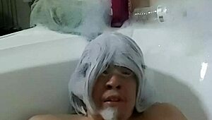 Cyno enjoys solo bubble bath fun in cosplay.