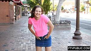 Flexible teen 18+ shows off athletic moves in public streets wearing a short skirt 😏.