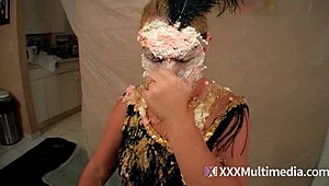 2 blondes get wet and messy and pie eachother in the face